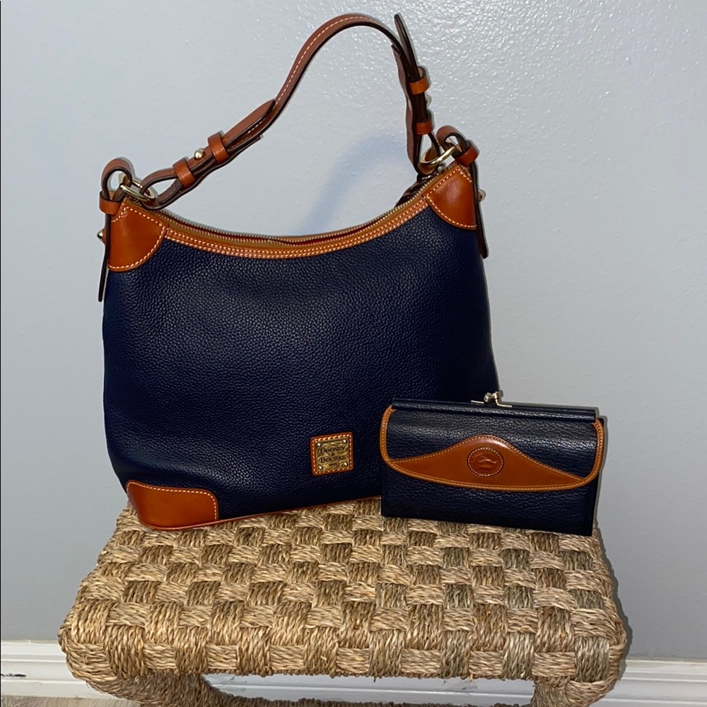 Dooney & Bourke Blue and Tan Shoulder Bag with Leather Trim with wallet.